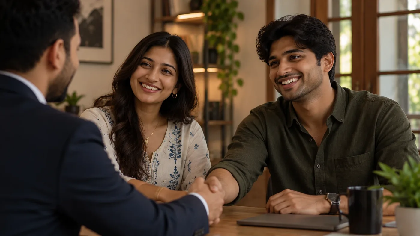 A Pune family speaking with a Patronage Realtor advisor